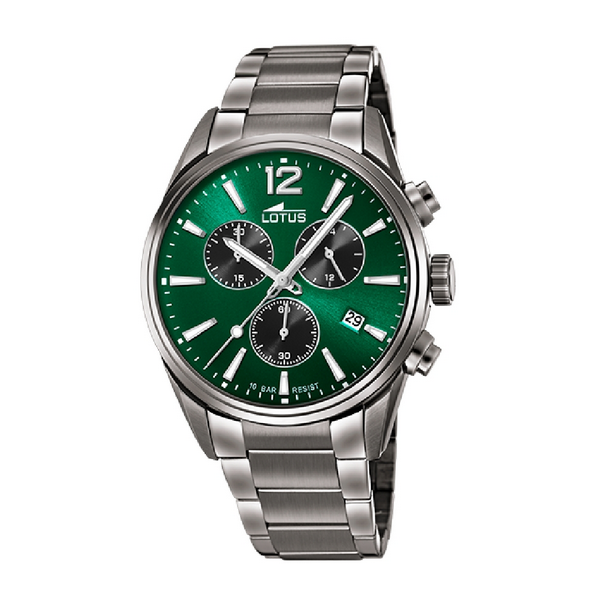 Reloj Lotus Chrono Caballero Acero Ip Gris Esfera Verde Cronógrafo 42mm Ref: 18682/4