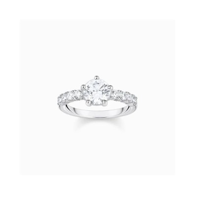 Anillo Thomas Sabo Mujer Solitario Con Circonita Grande y Piedras Pequeñas Blancas Plata De Ley Ref: TR2440-051-14-58
