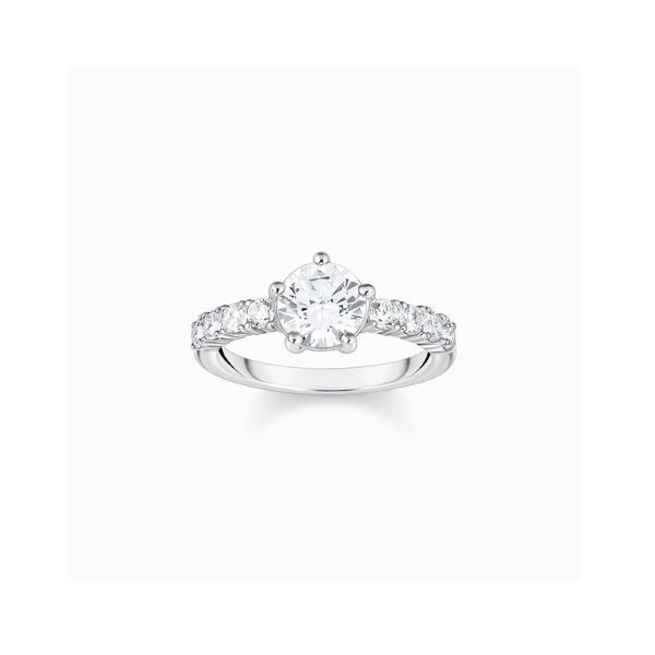 Anillo Thomas Sabo Mujer Solitario Con Circonita Grande y Piedras Pequeñas Blancas Plata De Ley Ref: TR2440-051-14-58