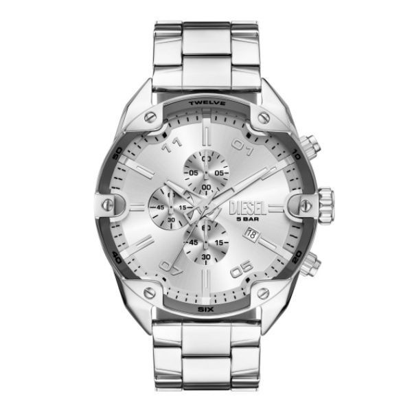 Reloj Diesel Caballero Spiked Acero Esfera Plata Con Acabado De Rayos De Sol Cronógrafo 49mm Ref: DZ4677