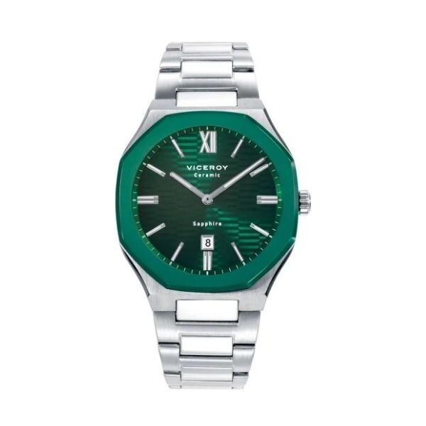Reloj Viceroy Caballero Colección Laura Escanes Acero Bisel Cerámico IP Verde Hexagonal Cristal Zafiro 41mm Ref: 45011-63