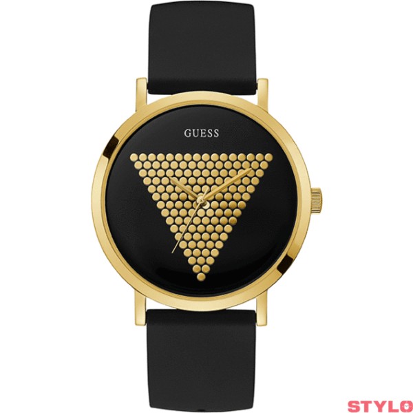 Reloj Guess Caballero Imprint Correa Silicona Negra y Esfera Negra Acero IP Dorado Logo Dorado 44mm Ref: W1161G1
