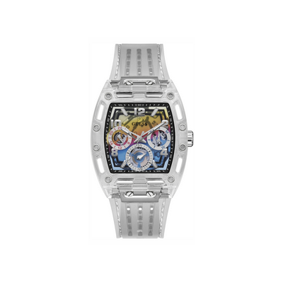 Reloj Guess Caballero  Phoenix Rectangular Policarbonato Transparente y Correa Transparente Multifunción 43mm Ref: GW0499G3