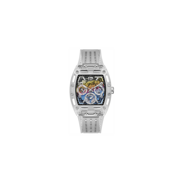 Reloj Guess Caballero  Phoenix Rectangular Policarbonato Transparente y Correa Transparente Multifunción 43mm Ref: GW0499G3