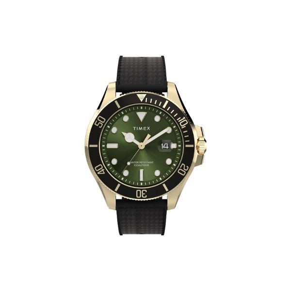 Reloj Timex Trend  Caballero Harborside Coast Caucho Negro Esfera Verde Caja Acero IP Dorado 44mm Ref: TW2Y05300