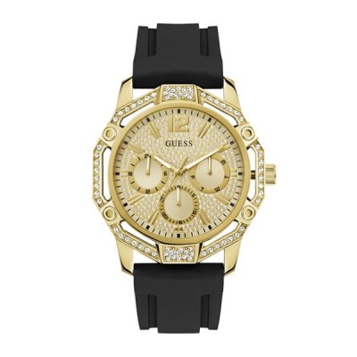 Reloj Guess Caballero Regal Caucho Negro Acero Ip Dorado Multifunción Con Circonitas Blancas 46mm  Ref: GW0954G2