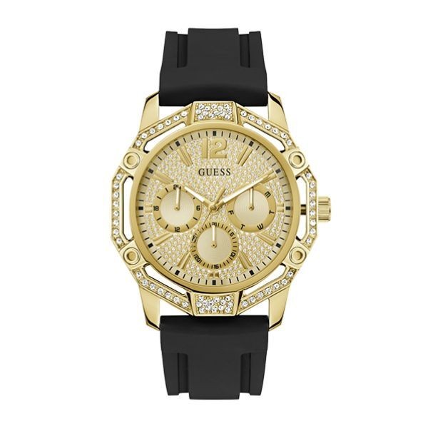 Reloj Guess Caballero Regal Caucho Negro Acero Ip Dorado Multifunción Con Circonitas Blancas 46mm  Ref: GW0954G2