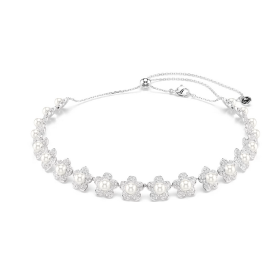 Gargantilla Swarovski Angelical Flor Baño Rodio, Cristales Blancos y Perla Choker Ref:5751250