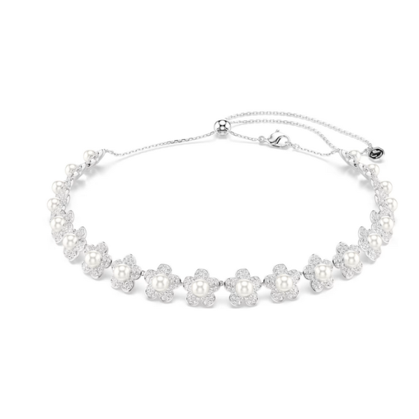 Gargantilla Swarovski Angelical Flor Baño Rodio, Cristales Blancos y Perla Choker Ref:5751250