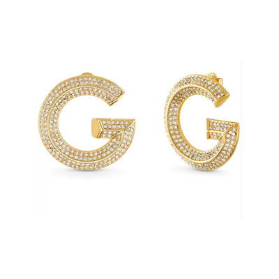 Pendientes De Aro Guess Mujer G Crystal Icónica "G" Acero Dorado Pavé Circonitas Blancas Ref: JUBE05434JWYGT-U