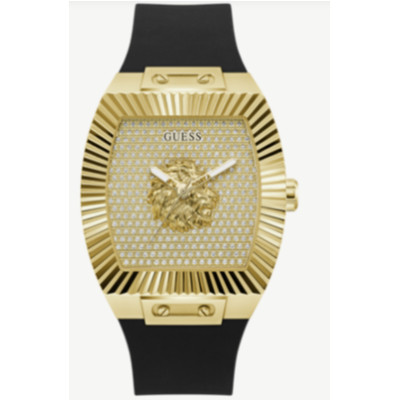 Reloj Guess Caballero Phoenix Correa Silicona Negro Caja Rectangular Esfera Champagne Cabeza De León Dorado 43mm Ref: GW1066G2