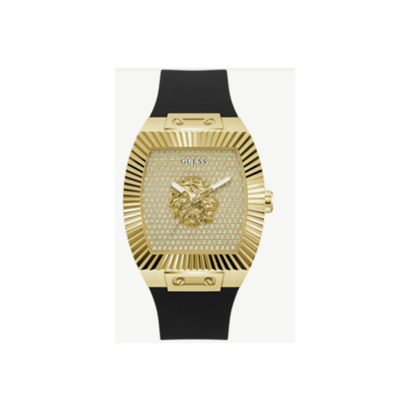Reloj Guess Caballero Phoenix Correa Silicona Negro Caja Rectangular Esfera Champagne Cabeza De León Dorado 43mm Ref: GW1066G2
