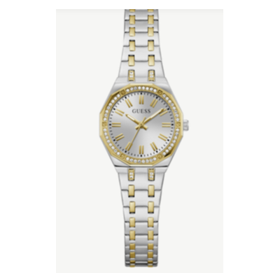Reloj Guess Mujer Pixie Bicolor Acero/IP Dorado Esfera Plateada Bisel Circonitas Blancas 25mm Ref: GW0931L3