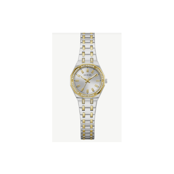 Reloj Guess Mujer Pixie Bicolor Acero/IP Dorado Esfera Plateada Bisel Circonitas Blancas 25mm Ref: GW0931L3