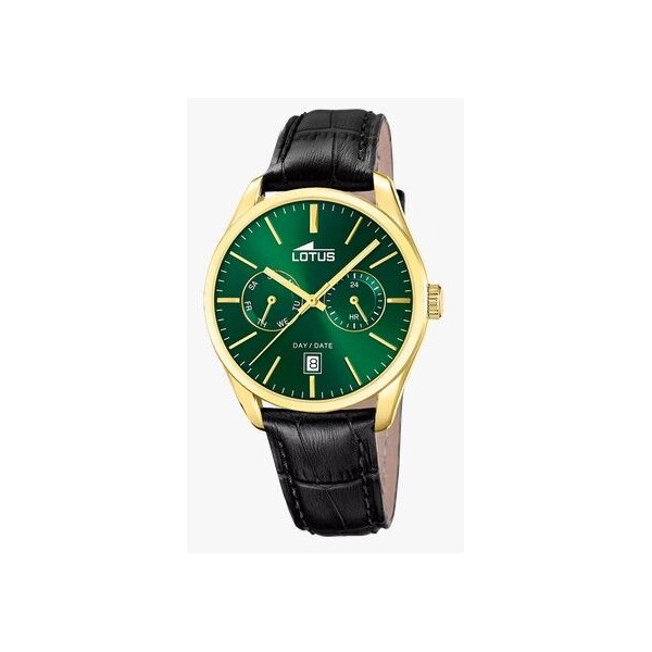 Reloj Lotus Multifunction Collection Caballero Piel Negra Esfera Verde Multifunción Caja Acero IP Dorado 42mm Ref: 19075/3