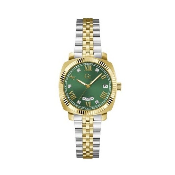 Reloj Guess Collection GC Flair Coussin Lady Mujer Bicolor Acero/IP Dorado Suizo Esfera Verde 34mm Ref: Z44002L9MF
