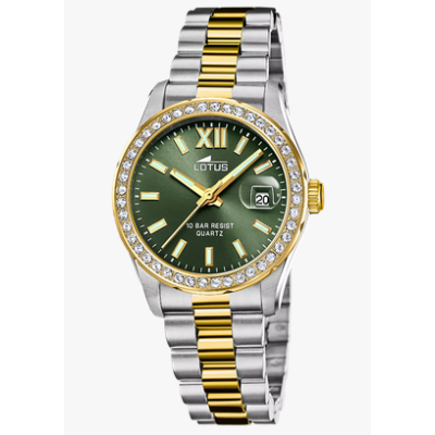 Reloj Lotus Mujer Freedom Bicolor Acero/IP Dorado Esfera Verde Bisel Circonitas Blancas 32,5mm Ref: 18978/2
