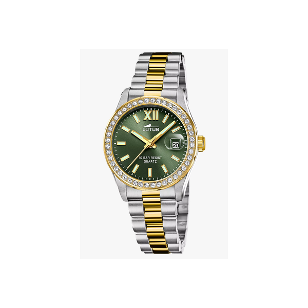 Reloj Lotus Mujer Freedom Bicolor Acero/IP Dorado Esfera Verde Bisel Circonitas Blancas 32,5mm Ref: 18978/2