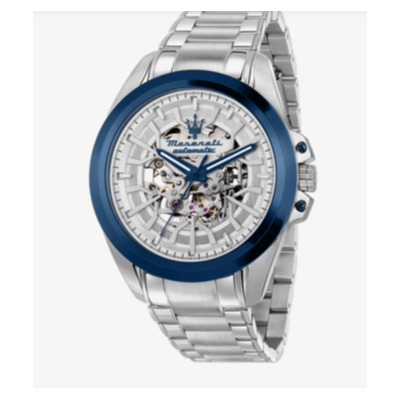Reloj Maserati Caballero Traguardo Automático Esfera Plateado Bisel Azul Cristal Zafiro 43mm Ref: R8823112006