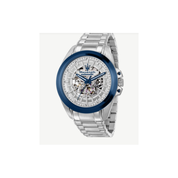 Reloj Maserati Caballero Traguardo Automático Esfera Plateado Bisel Azul Cristal Zafiro 43mm Ref: R8823112006