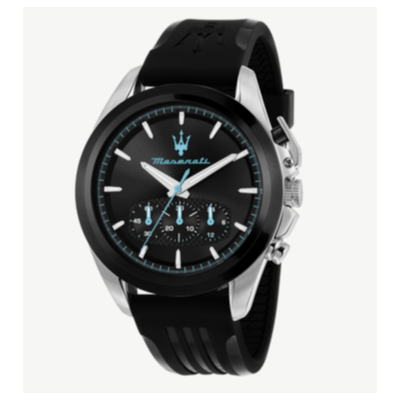 Reloj Maserati Caballero Traguardo Correa Silicona Negro Esfera Negra Con Detalles Turquesa Cronógrafo 43mm Ref:  R8871612047