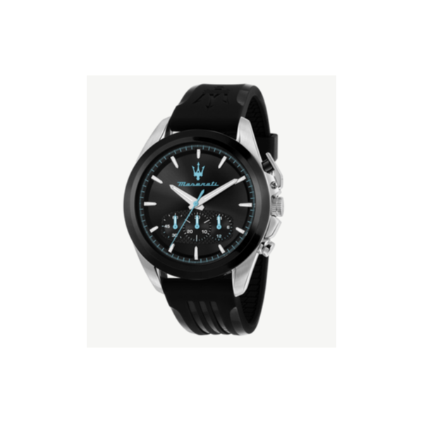 Reloj Maserati Caballero Traguardo Correa Silicona Negro Esfera Negra Con Detalles Turquesa Cronógrafo 43mm Ref:  R8871612047