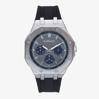 Reloj Radiant Caballero Jack Silicona Negra Caja Metálica Plateada Esfera Gris Multifunción Azul 44mm Ref: RA651705
