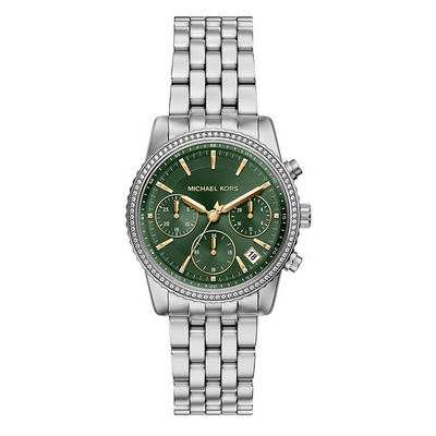 Reloj Michael Kors Mujer Bryant Acero Esfera Verde Con Detalles Dorados Cronógrafo Bisel Circonitas Blancas 35mm Ref: MK7583