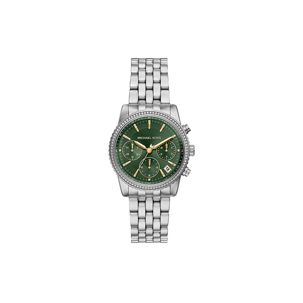 Reloj Michael Kors Mujer Bryant Acero Esfera Verde Con Detalles Dorados Cronógrafo Bisel Circonitas Blancas 35mm Ref: MK7583