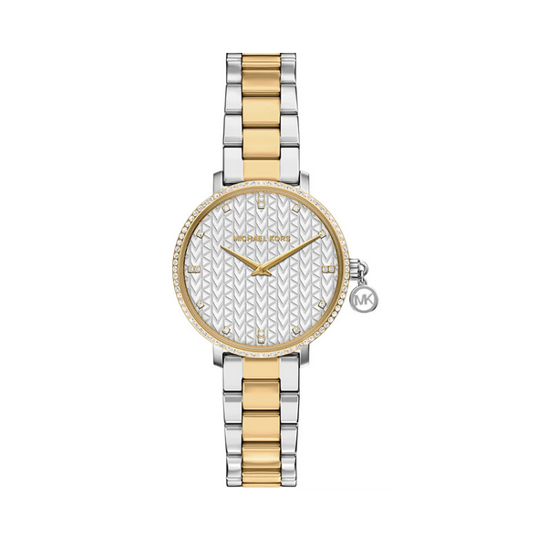 Reloj Michael Kors Mujer Pyper Mini Bitono Acero/IP Dorado Con Incrustaciones Circonitas Blancas Esfera Blanca 32mm Ref: mk7574