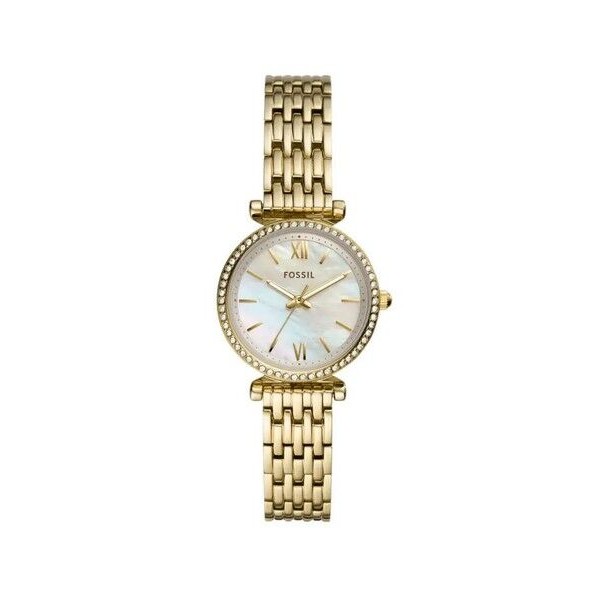 Reloj Fossil Mujer Carlie Mini Acero Ip Dorado Esfera Nácar Bisel Circonitas Blancas 28mm Ref: ES4735