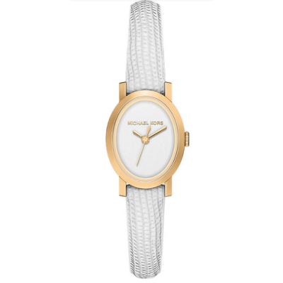 Reloj Michael Kors Mujer Maude Piel Blanca Caja Ovalada Acero IP Dorado Esfera Blanca 21mm Ref: MK7586