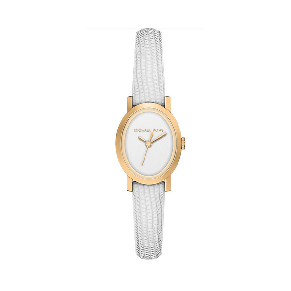 Reloj Michael Kors Mujer Maude Piel Blanca Caja Ovalada Acero IP Dorado Esfera Blanca 21mm Ref: MK7586