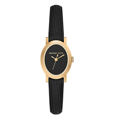 Reloj Michael Kors Mujer Maude Piel Negra Caja Ovalada Acero IP Dorado Esfera Negra 21mm Ref: MK7585
