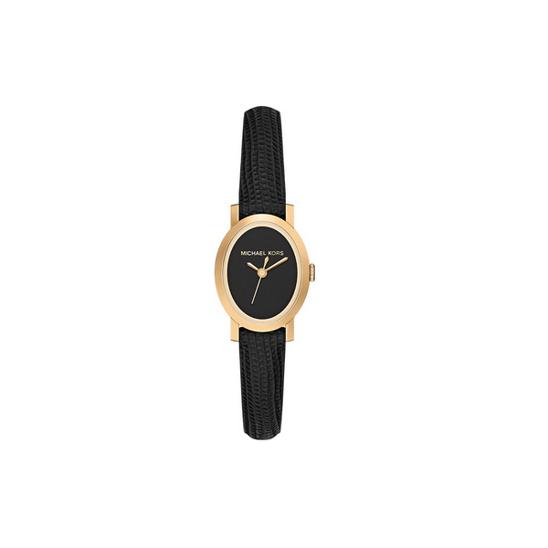 Reloj Michael Kors Mujer Maude Piel Negra Caja Ovalada Acero IP Dorado Esfera Negra 21mm Ref: MK7585