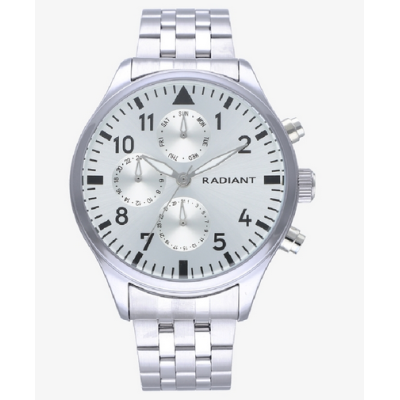 Reloj Radiant Caballero Caima Plateado Brazalete Acero Caja Redonda Metálica Esfera Plateada Multifunción 43mm Ref: RA612707B