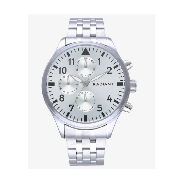 Reloj Radiant Caballero Caima Plateado Brazalete Acero Caja Redonda Metálica Esfera Plateada Multifunción 43mm Ref: RA612707B