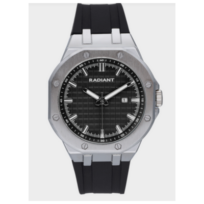 Reloj Radiant Caballero Leonardo Correa Silicona Negra Caja Metálica Plateado Esfera Negra 44mm Ref: RA652202