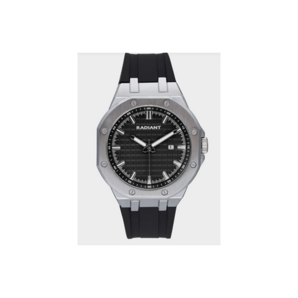 Reloj Radiant Caballero Leonardo Correa Silicona Negra Caja Metálica Plateado Esfera Negra 44mm Ref: RA652202