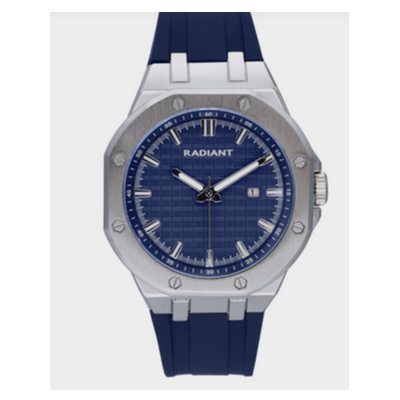 Reloj Radiant Caballero Leonardo Correa Silicona Azul Caja Metálica Plateado Esfera Azul 44mm Ref: RA652203