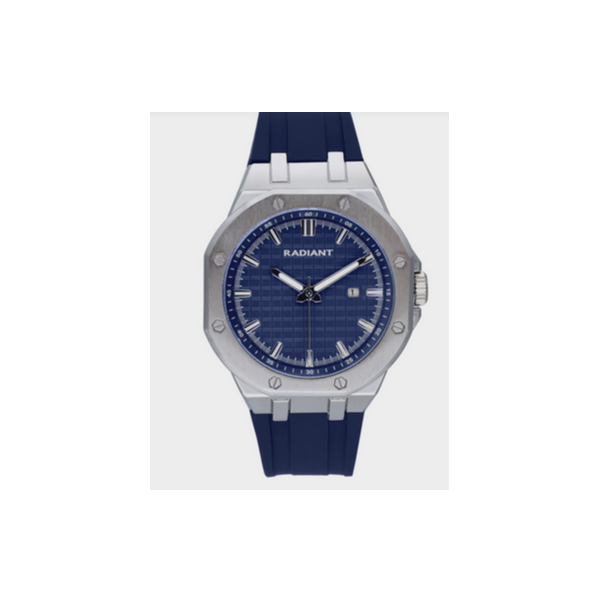 Reloj Radiant Caballero Leonardo Correa Silicona Azul Caja Metálica Plateado Esfera Azul 44mm Ref: RA652203