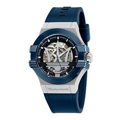 Reloj Maserati Caballero Potenza Automático Correa Silicona Azul Bisel Azul Caja Acero Cristal Zafiro 42mm Ref: R8821108050