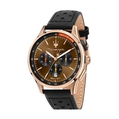 Reloj Maserati Caballero Sorpasso Piel Negra Cronógrafo Caja En Acabado Acero Rosa Esfera Marrón 42mm Ref: R8871624011