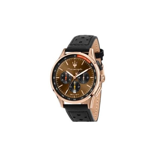 Reloj Maserati Caballero Sorpasso Piel Negra Cronógrafo Caja En Acabado Acero Rosa Esfera Marrón 42mm Ref: R8871624011