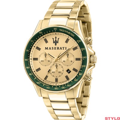 Reloj Maserati Caballero Sfida Chronograph Acero Ip Dorado Esfera Dorada Bisel Verde 4mm Ref: R8873640005