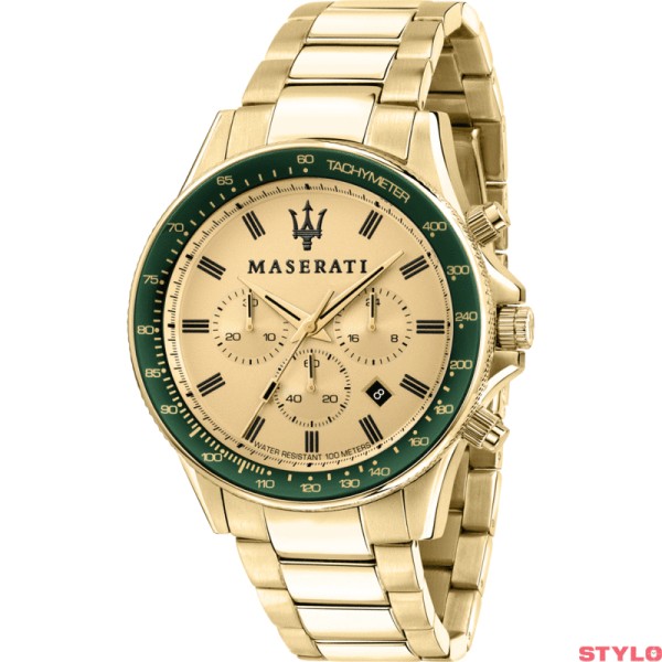 Reloj Maserati Caballero Sfida Chronograph Acero Ip Dorado Esfera Dorada Bisel Verde 4mm Ref: R8873640005