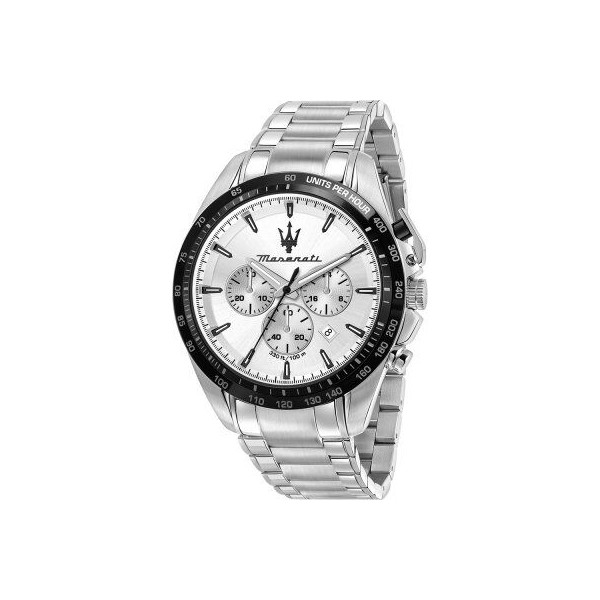 Reloj Maserati Caballero Traguardo Chronograph Acero Esfera Plateada Bisel Negro 45mm Ref: R8873612049