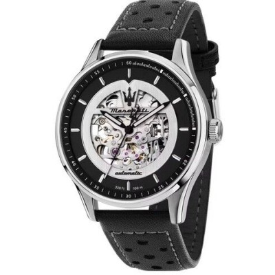 Reloj Maserati Caballero Sorpasso Automático Piel Negra Acero Esfera Negro/Plata Open Heart Cristal Zafiro 42mm Ref: R8821124004
