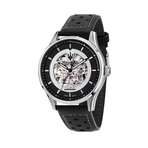 Reloj Maserati Caballero Sorpasso Automático Piel Negra Acero Esfera Negro/Plata Open Heart Cristal Zafiro 42mm Ref: R8821124004