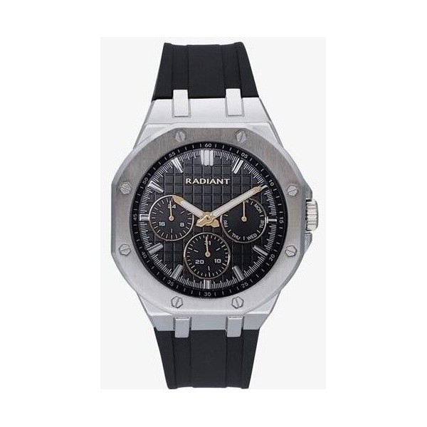 Reloj Radiant Caballero Jack Silicona Negra Caja Metálica Plateada Esfera Negra Detalles Dorados Multifunción 44mm Ref: RA651707